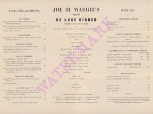 Club Joe di Maggio, San Francisco 1940s Dinner Menu