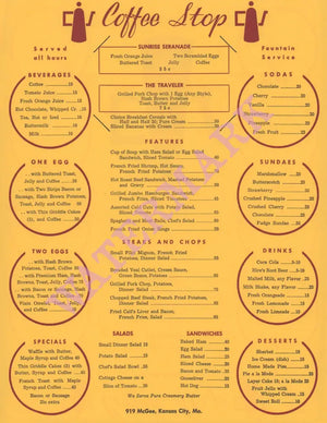Coffee Stop, Kansas City 1940s Menu