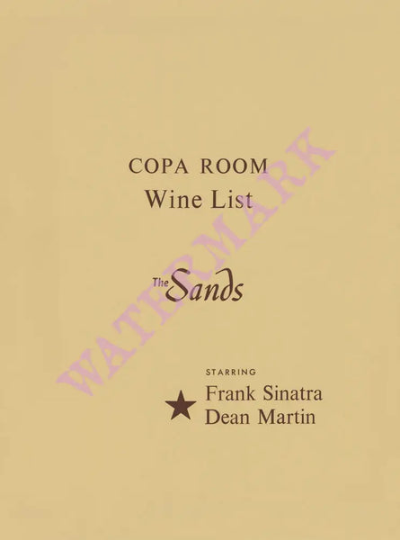 Copa Room Wine List Cover, The Sands Hotel, Las Vegas Frank Sinatra & Dean Martin, 1960s Menu Art