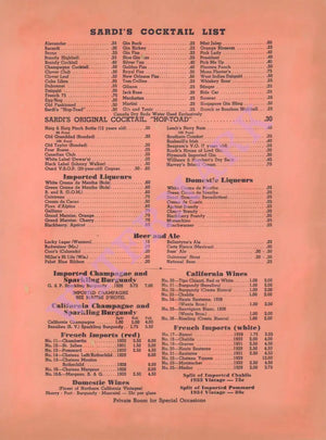Covey's Sardi's, Hollywood 1941 Cocktail list
