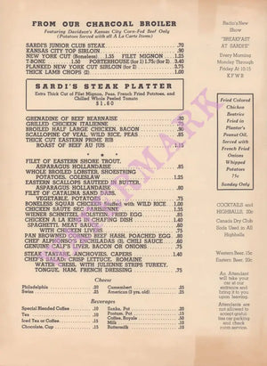 Covey's Sardi's, Hollywood 1941 Menu