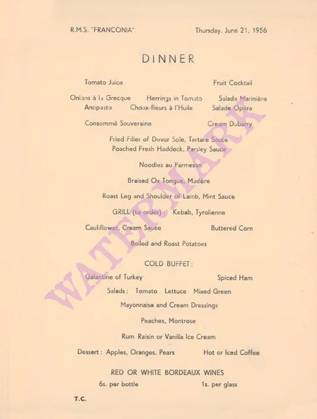 Cunard Poodles R.M.S. Franconia 1956 Menu