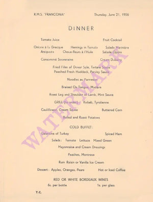 Cunard Poodles R.M.S. Franconia 1956 Menu