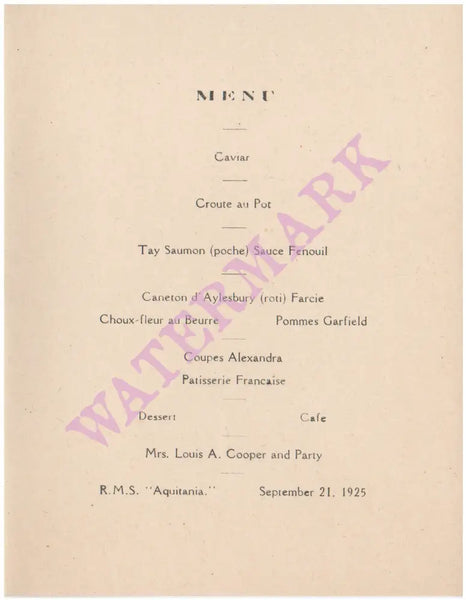Cunard R.M.S. Aquitania, 1925 Menu