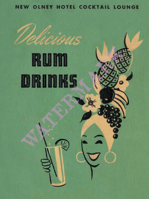 Delicious Rum Drinks, New Olney Hotel, Maryland 1950s Menu Art