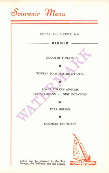 Devon Coast Country Club, Paignton (England) 1954  Menu