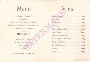 Dinner to Honor Monsieur Johnston, Bordeaux 1880s Menu and Wine List