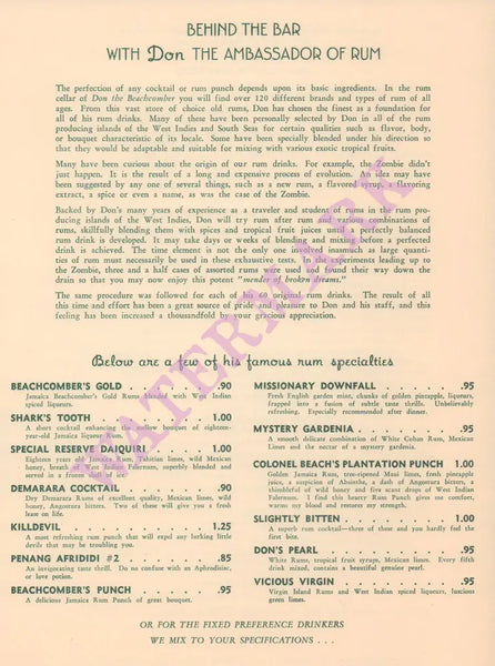 Don The Beachcomber, Hawaii 1956 Rum Menu