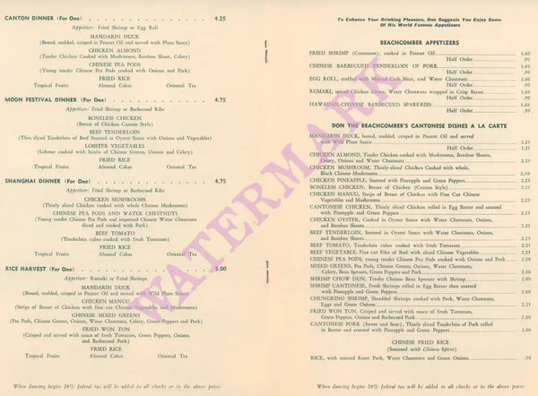 Don The Beachcomber, Hawaii 1956 Menu