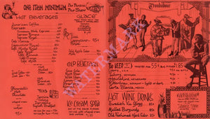 Doug Weston's Troubadour, Los Angeles 1960s Menu