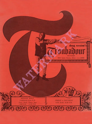 Doug Weston's Troubadour, Los Angeles 1960s Menu Art