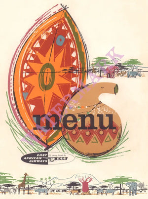 East African Airways, In-Flight Menu, 1970s menu art