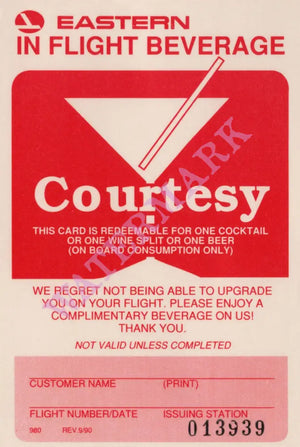 Eastern Airlines Courtesy Beverage Card 1990 Vintage Americana Menus