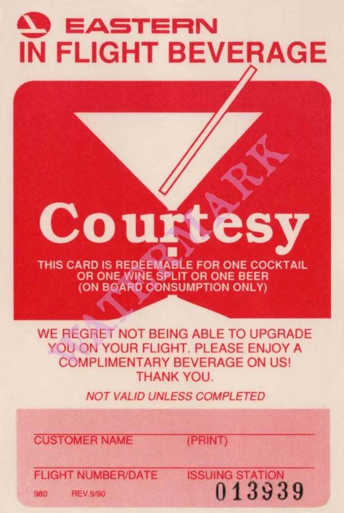 Eastern Airlines Courtesy Beverage Card 1990 Vintage Americana Menus