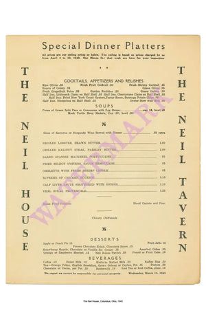 The Neil House Interior Menu 1945