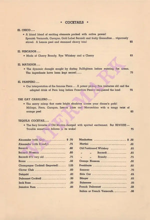 El Chico, New York 1939 Cocktails