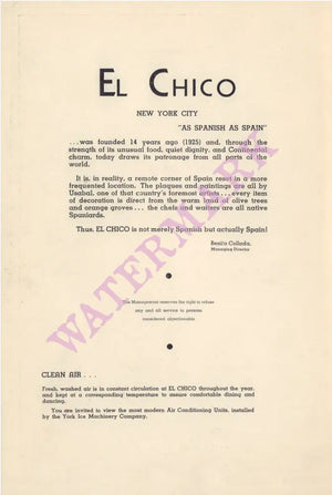 El Chico, New York 1939 Menu
