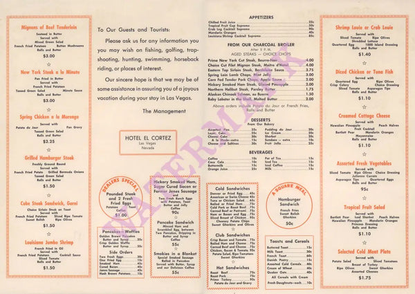 El Cortez, Las Vegas 1950s Menu