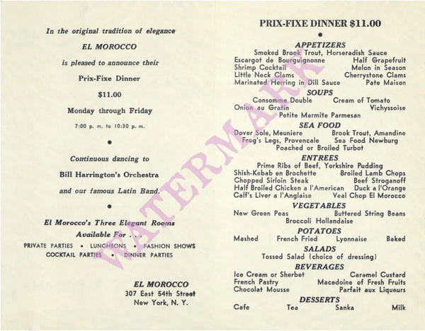 El Morocco Blue New York 1961 - Vintage Menu Art – dinner menu