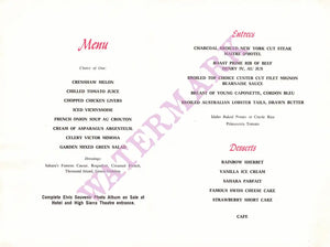 Elvis, Summer Festival Sahara Tahoe 1971 pre show Menu