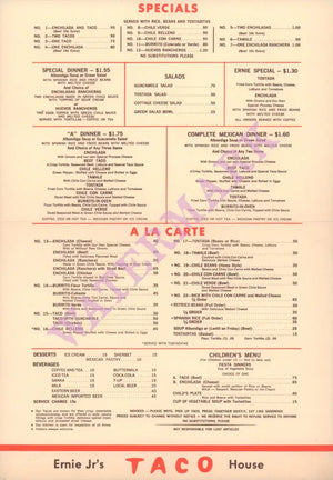 Ernie Jr's Taco House, Pasadena/Eagle Rock 1970s Menu