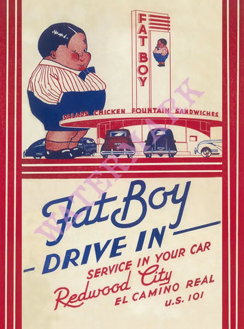 Fat Boy Drive-In, Redwood City, California 1940s Menu Art