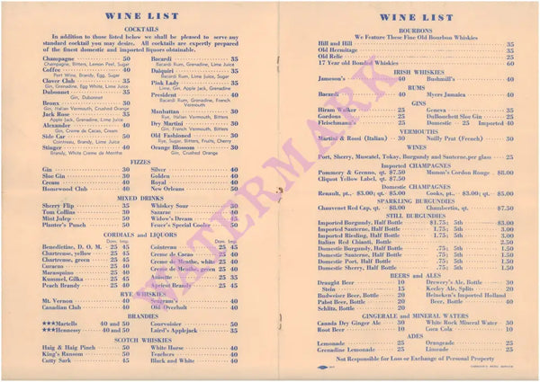 Feuer's Homewood Inn, Homewood Illinois 1930s Cocktail Wine list
