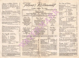 Filene's, Boston 1939 Menu