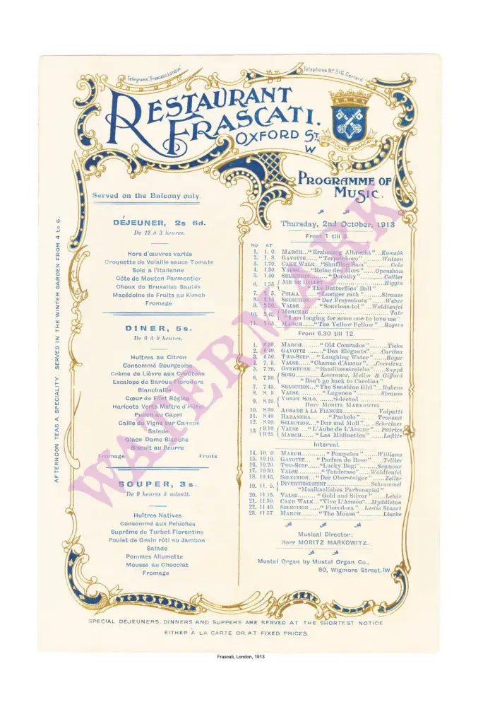 Frascati, London, 1913 Vintage Menu