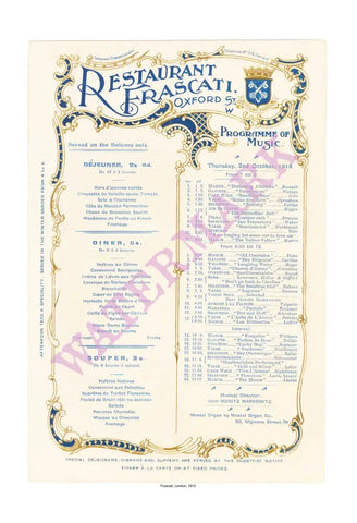 Frascati, London, 1913 Vintage Menu