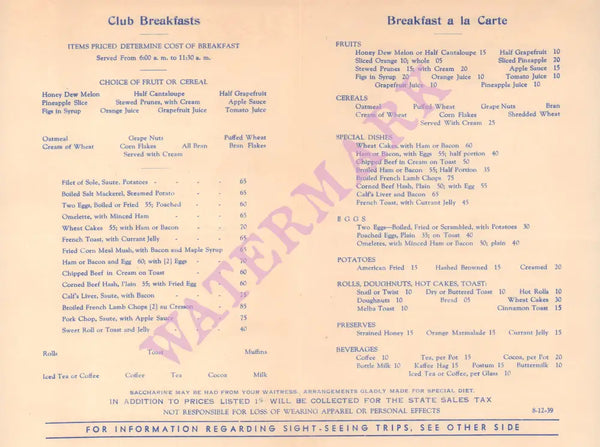 Fred Harvey Bright Angel Lodge, Grand Canyon Arizona 1939 Menu