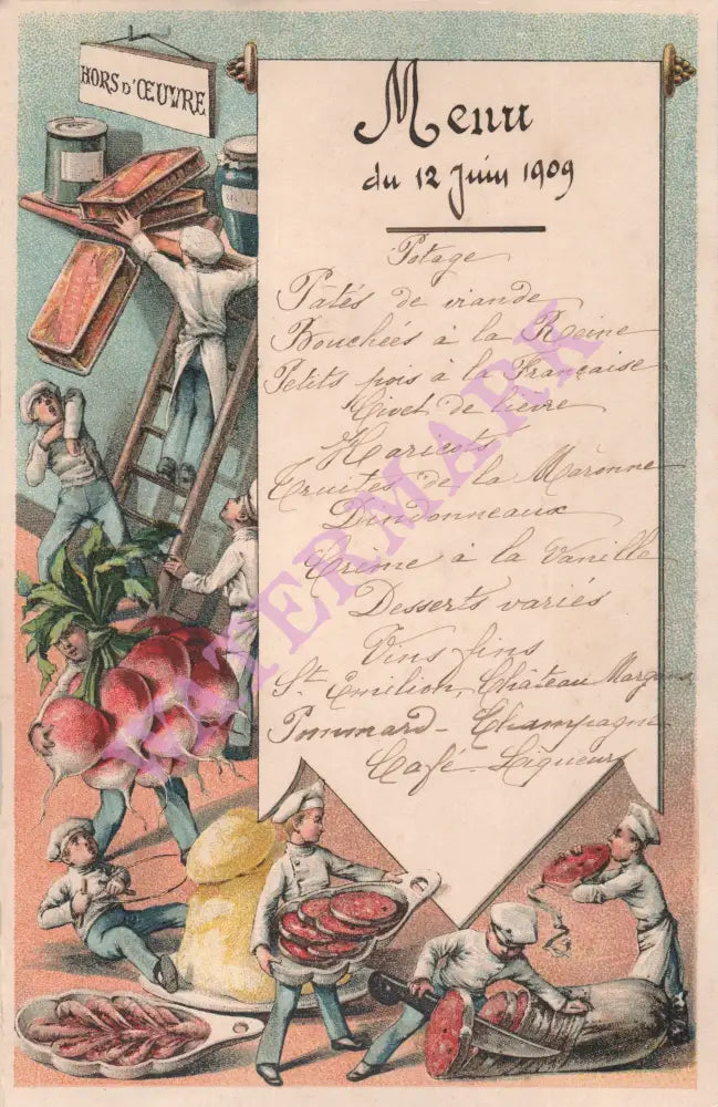 French Menu Hors D'Oeuvre 1909