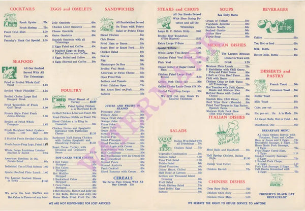 Frenchy's Black Cat, San Antonio Texas 1940s/1950s Menu 