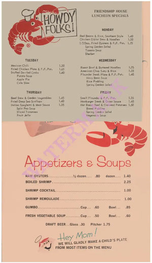 Friendship House, Biloxi 1960s Menu