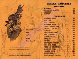 Gator Bar, Hotel Floridan Jacksonville 1950s Drinks menu