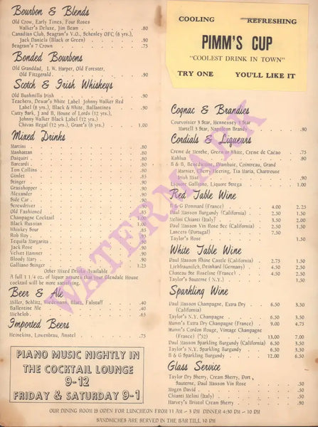 Glendale House Black Cocktail Menu, Indianapolis 1950s Menu