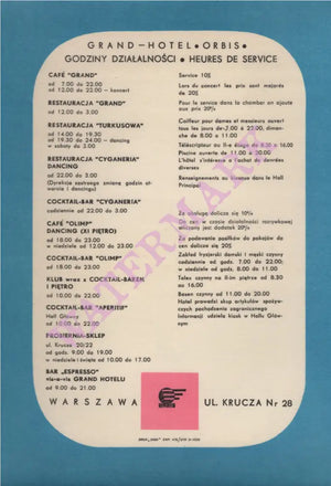 Grand Hotel, Warsaw 1970 | Vintage Menu Art - back of menu