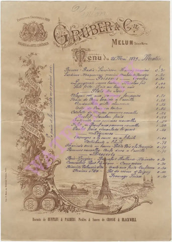 Gruber, Paris 1889 Menu Art