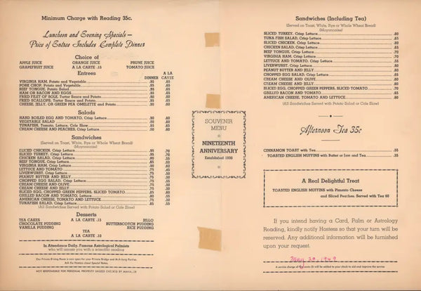 Gypsy Tea Kettle, New York 1949 Menu