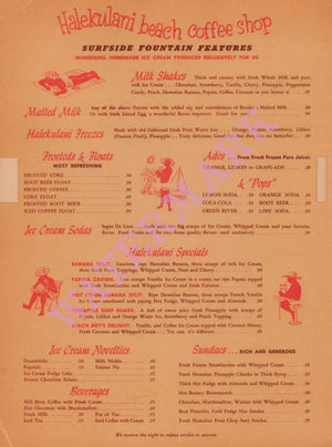 Halekulani Beach Coffee Shop, Waikiki 1950s Menu