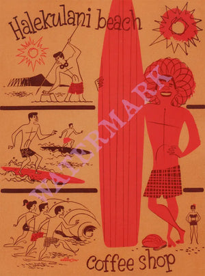 Halekulani Beach Coffee Shop, Waikiki 1950s Surfing Menu Art
