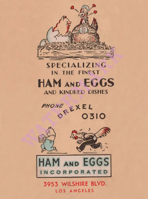 Ham & Eggs Incorporated, Los Angeles 1930s Menu Art