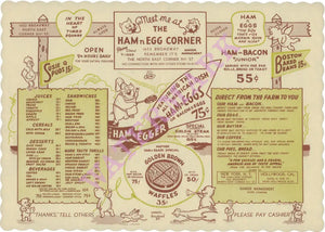 Ham n Egg Corner, New York 1950s Menu Art