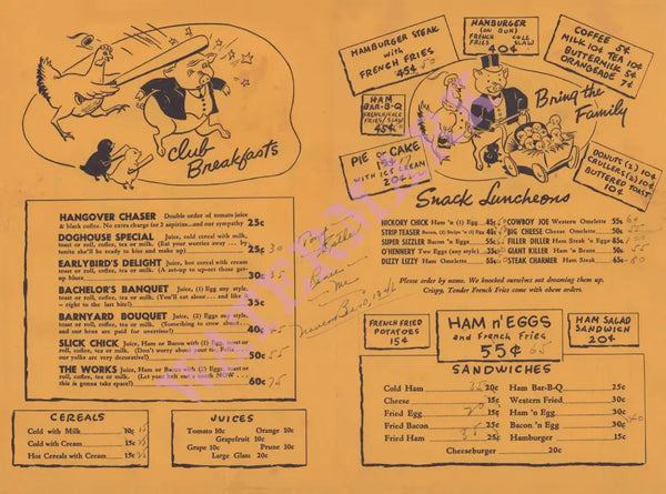 Ham ’n Eggery Pittsburgh 1946 Vintage Americana Menus
