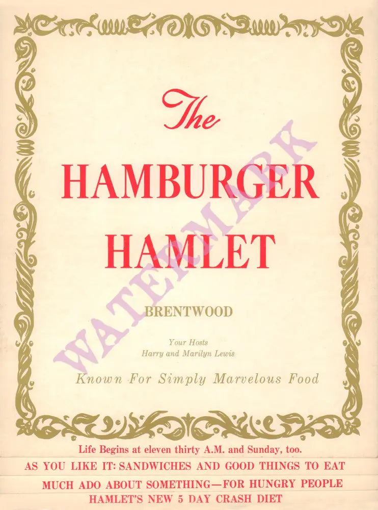 Hamburger Hamlet, Los Angeles 1960s Menu Art