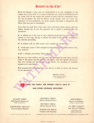 Hamburger Hamlet, Los Angeles 1960s Hamlet to the Chef