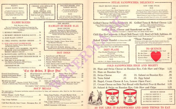 Hamburger Hamlet, Los Angeles 1960s Menu