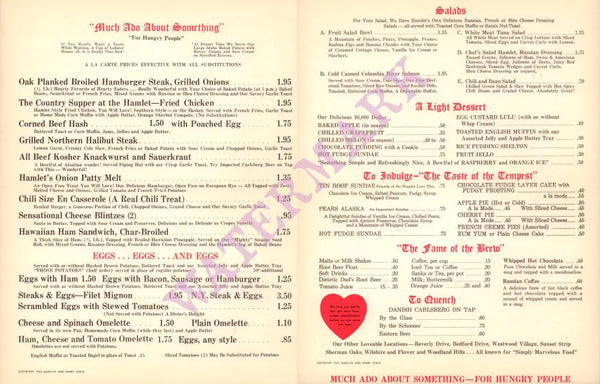 Hamburger Hamlet, Los Angeles 1960s Menu