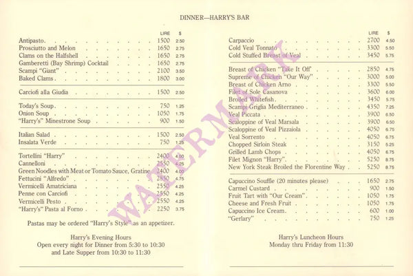 Harry's Bar, Florence 1990s Menu