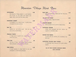 Hawaiian Village Hotels, Waikiki Beach 1960s Menu